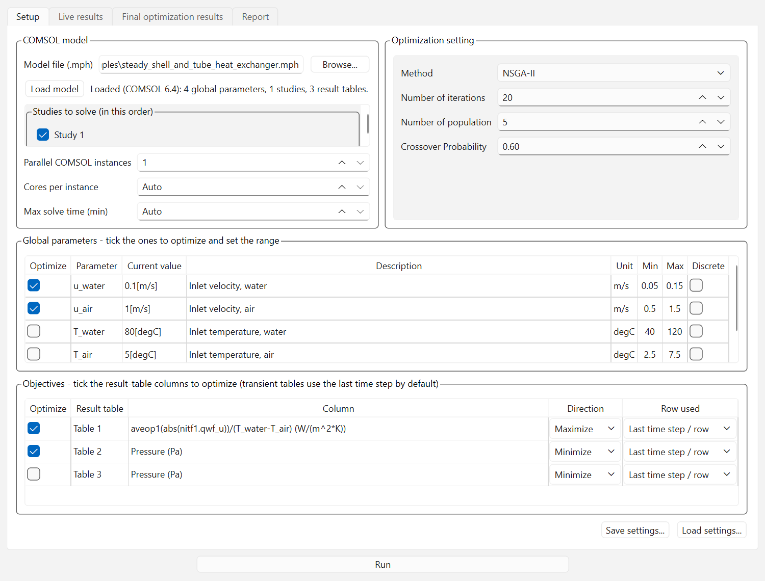 COMSOL MO setup: parameters, objectives and studies read from the .mph file