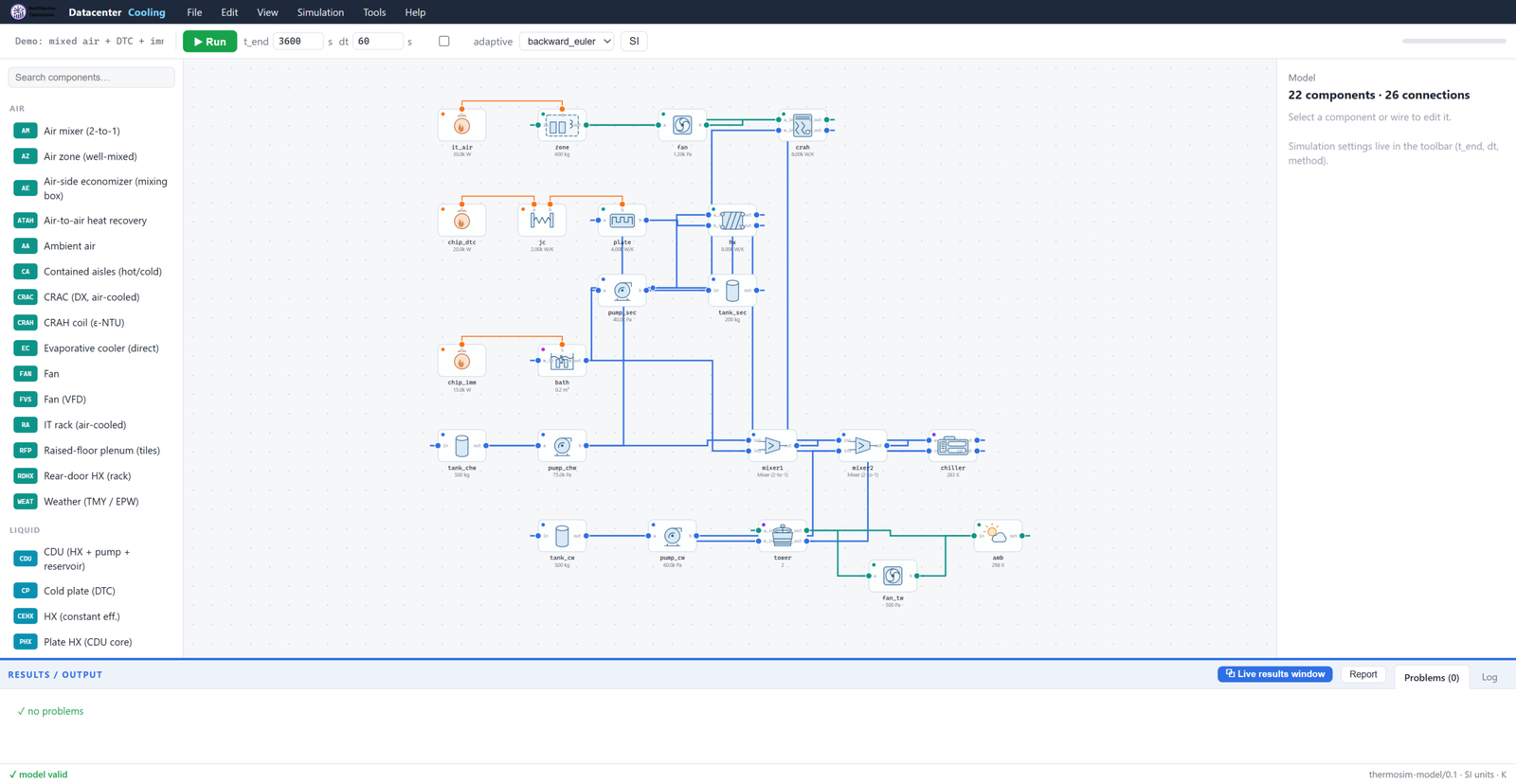 Datacenter Cooling editor with the mixed air, direct-to-chip and immersion demo plant on the schematic canvas