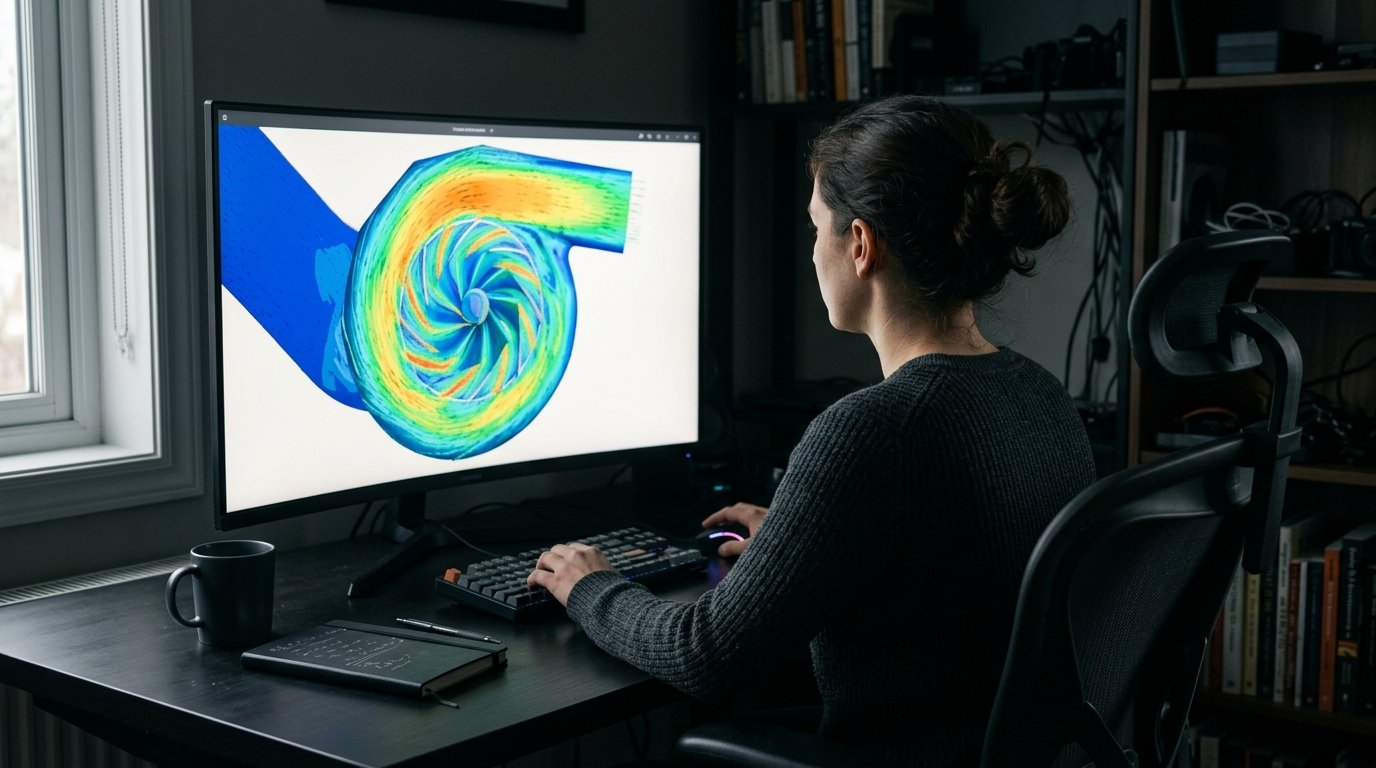 Reviewing a periodic flow solution Engineer reviewing a periodic CFD flow field for ai acceleration for transient cfd on a workstation monitor
