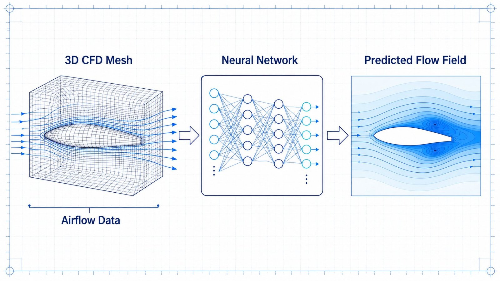 PINN surrogate predicting a CFD flow field Diagram of a PINN surrogate predicting a CFD flow field instead of a full Navier-Stokes solve