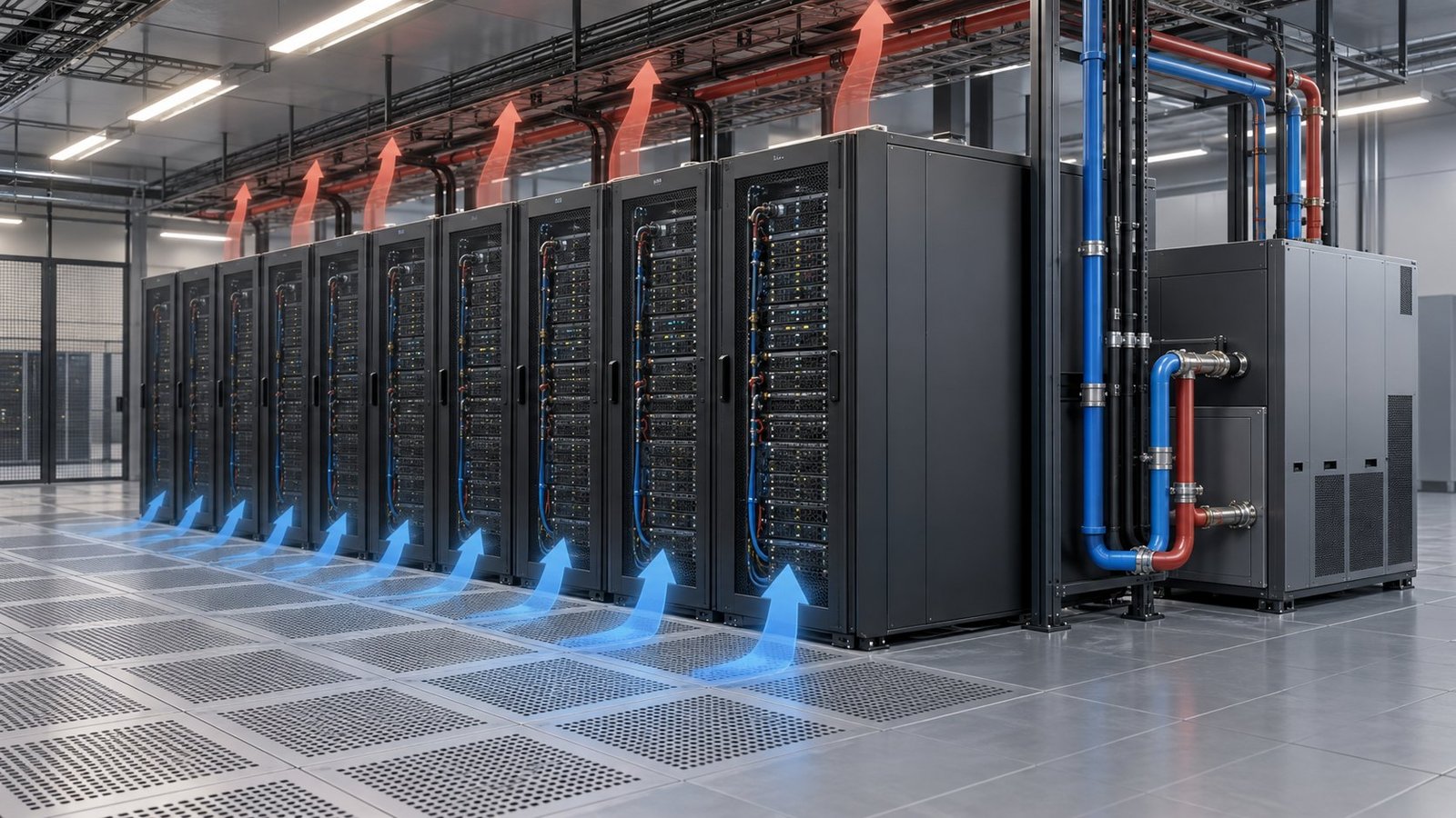 Data center cooling simulation showing rack airflow, recirculation, CDU piping, and thermal failure paths