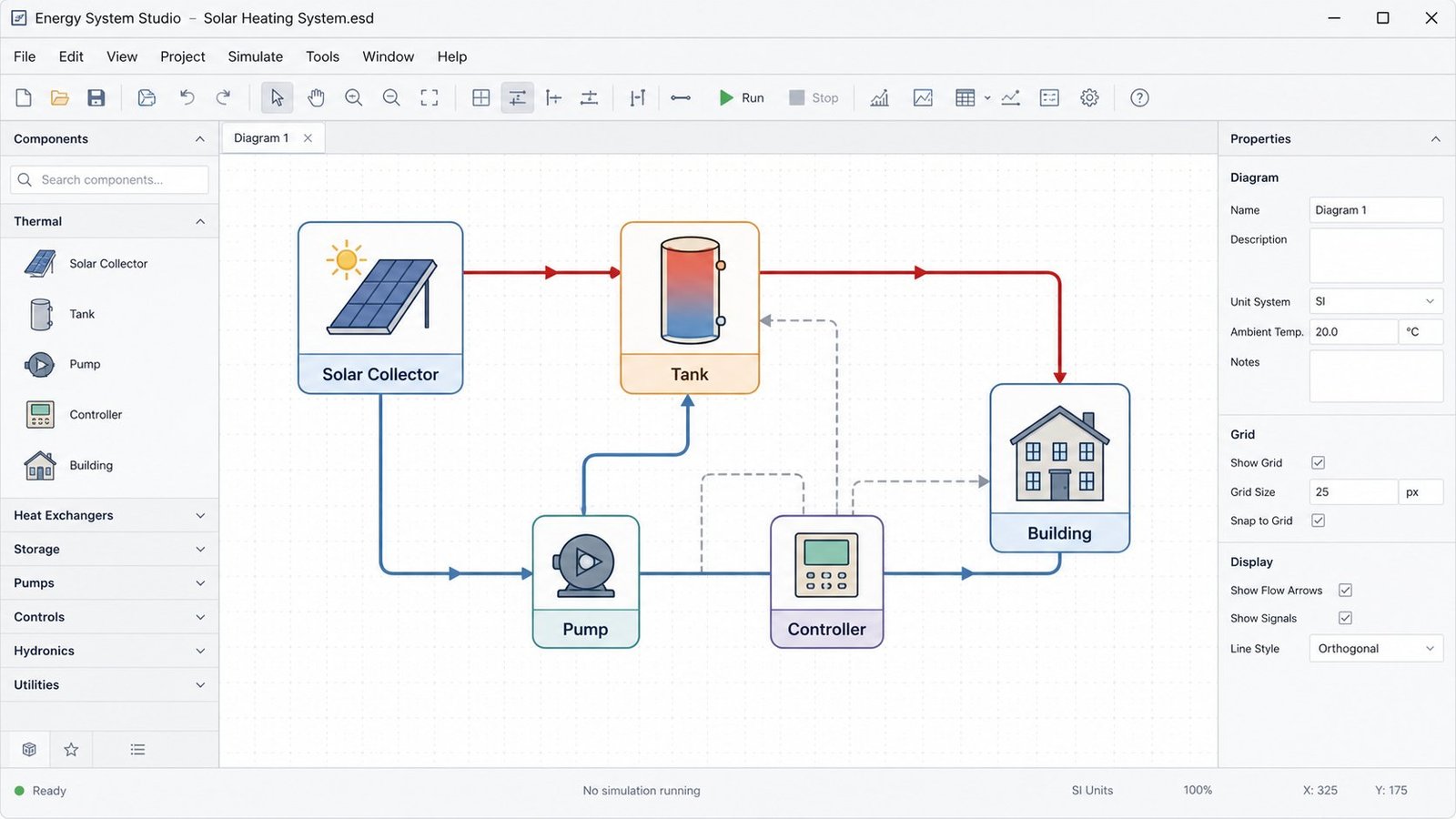 TRNSYS energy system simulation deck showing connected component types