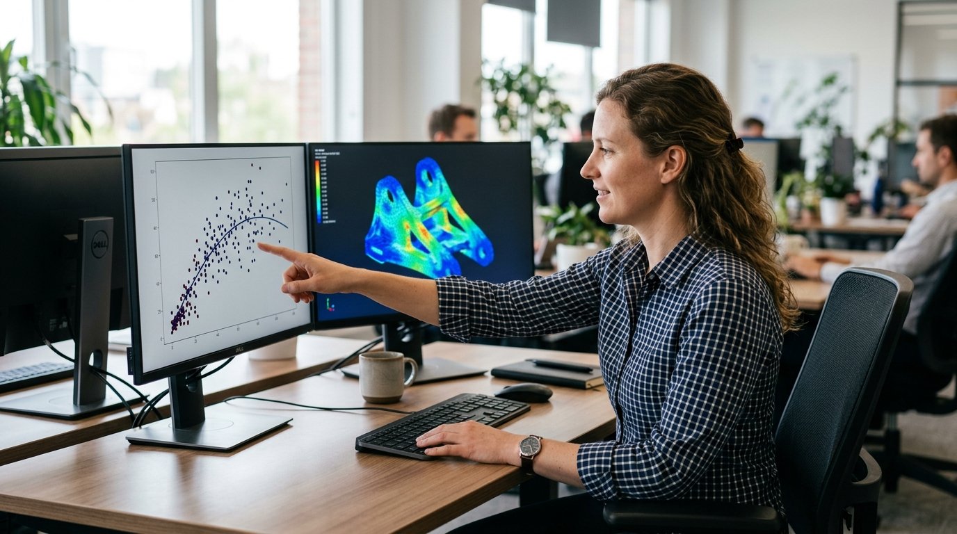 Surrogate Model Training Study Engineer comparing a COMSOL AI surrogate model prediction curve to raw simulation data points on a monitor