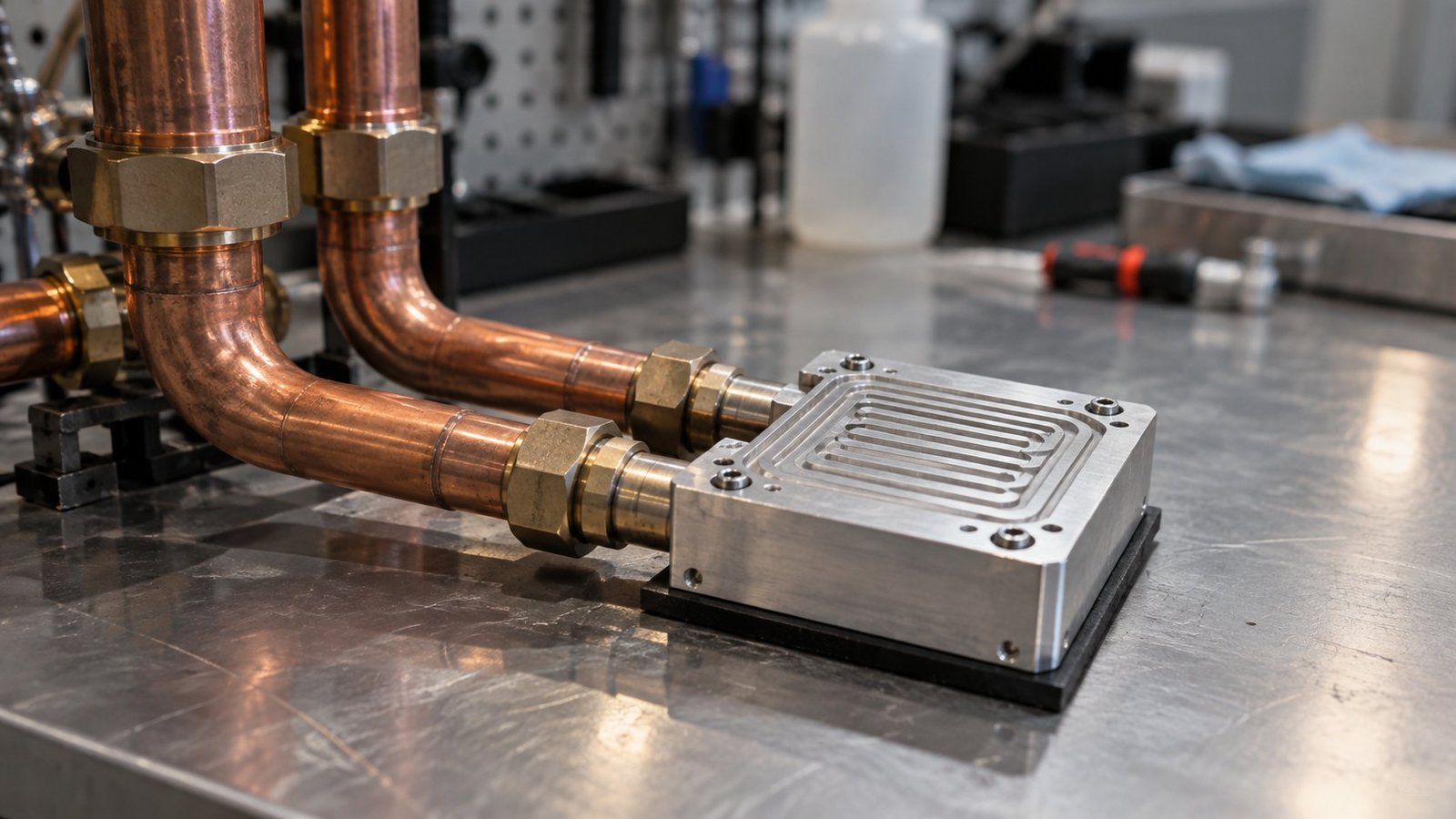 Chiller plant and cold plate hardware Copper chiller plant piping beside an aluminum liquid-cooling cold plate on a lab bench