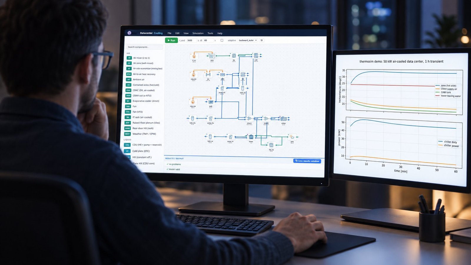 CDU Configuration Model Datacenter Cooling software editor showing connected CDU air and liquid loops