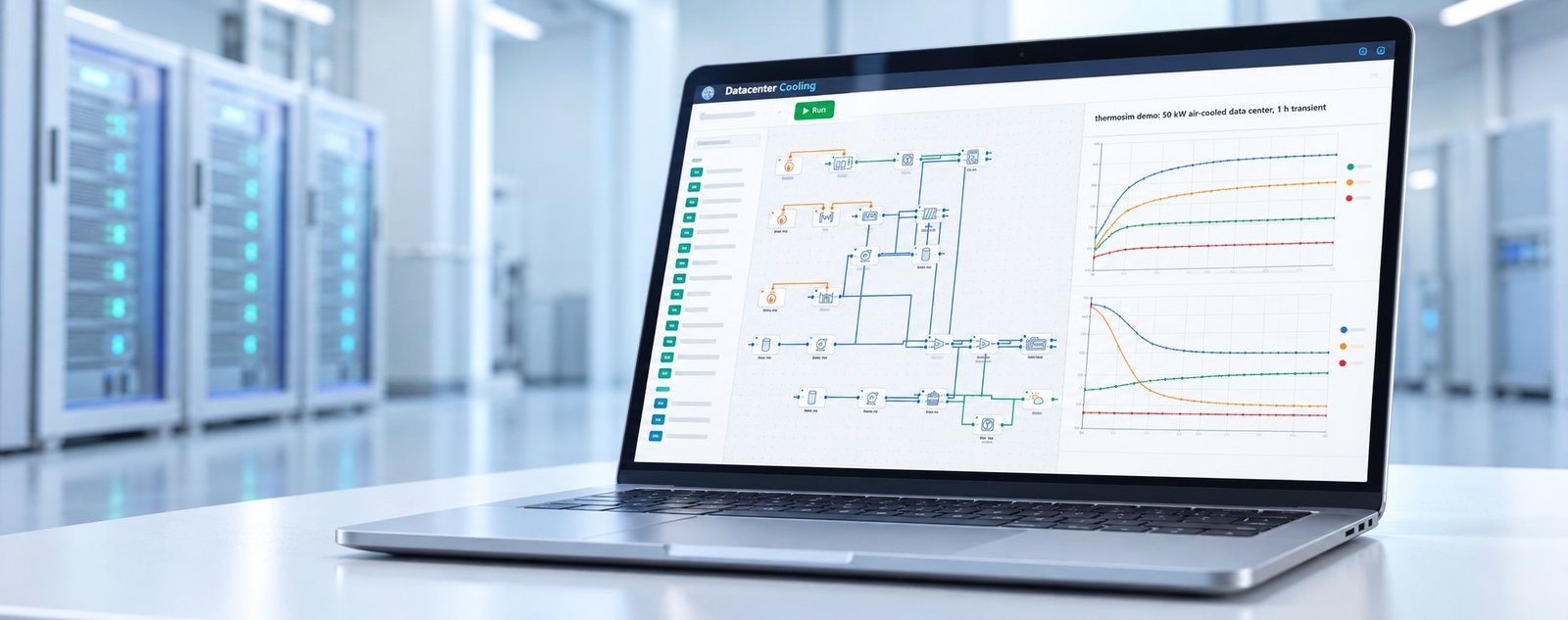 Simulation Run and Failure Test Laptop displaying a datacenter cooling simulation and technical transient plot