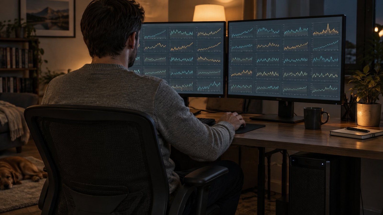 Parallel sweep review Dual monitors showing a grid of small training-loss plots from a parallel PINN weight sweep