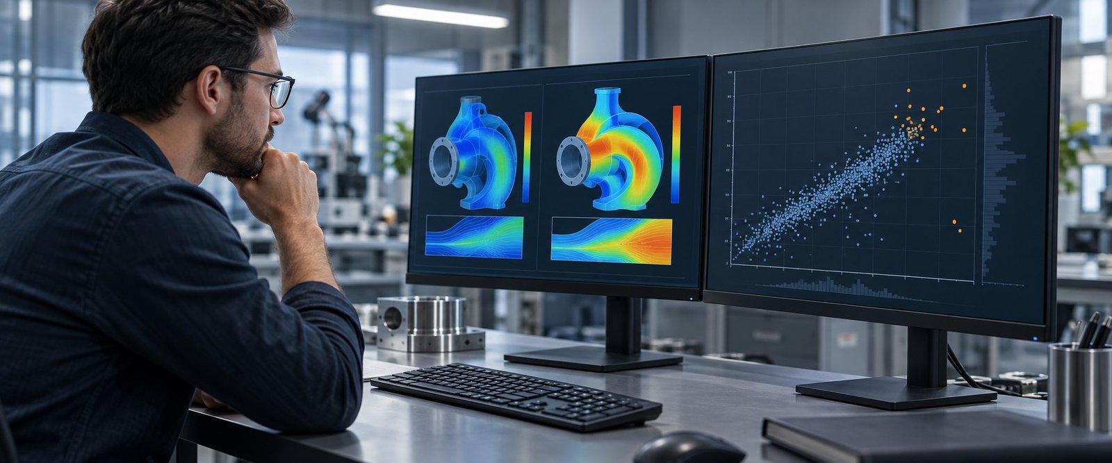 Engineer comparing surrogate and full CFD results for pressure drop and thermal constraints