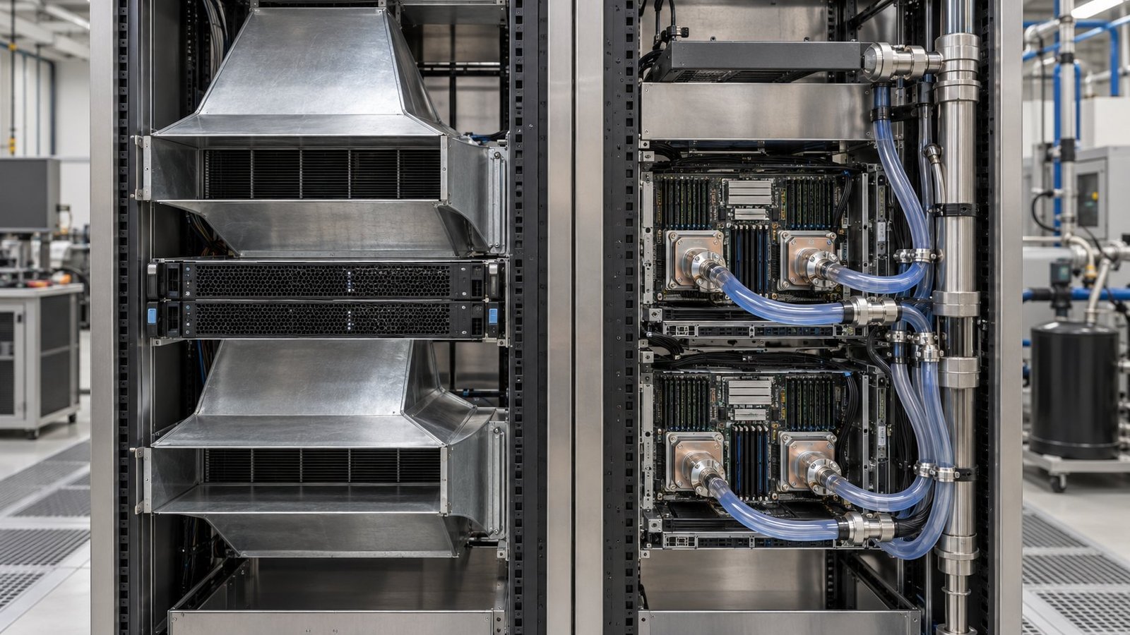 Cooling Architecture Comparison COMSOL-based data center CFD surrogate comparing air and direct-to-chip cooling fields