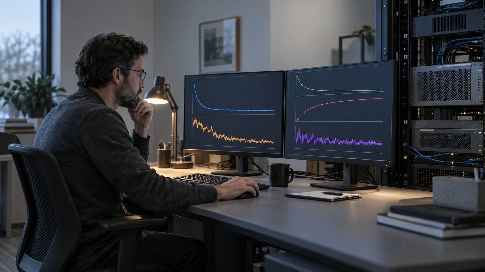 Five-Start Comparison engineer comparing five optimization runs on a workstation