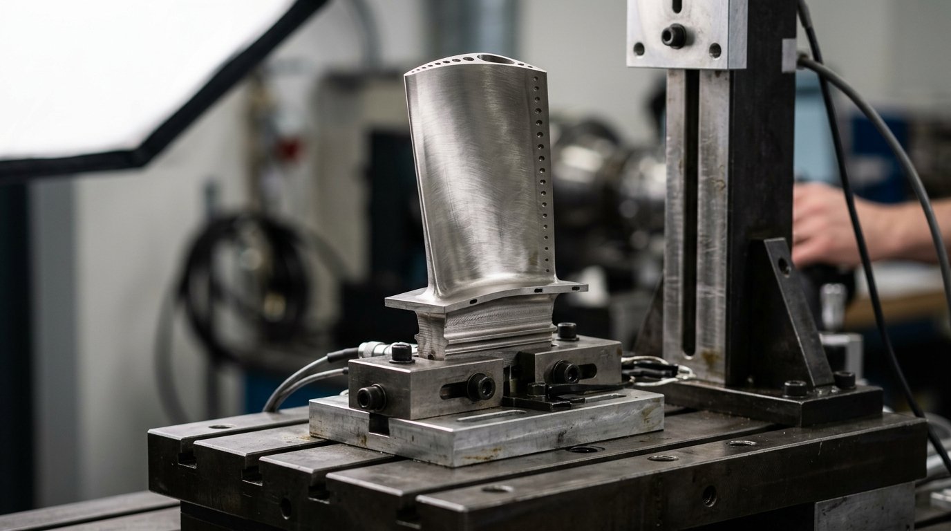 Turbine blade on a test bench representing a periodic CFD cycle for ai acceleration for transient cfd