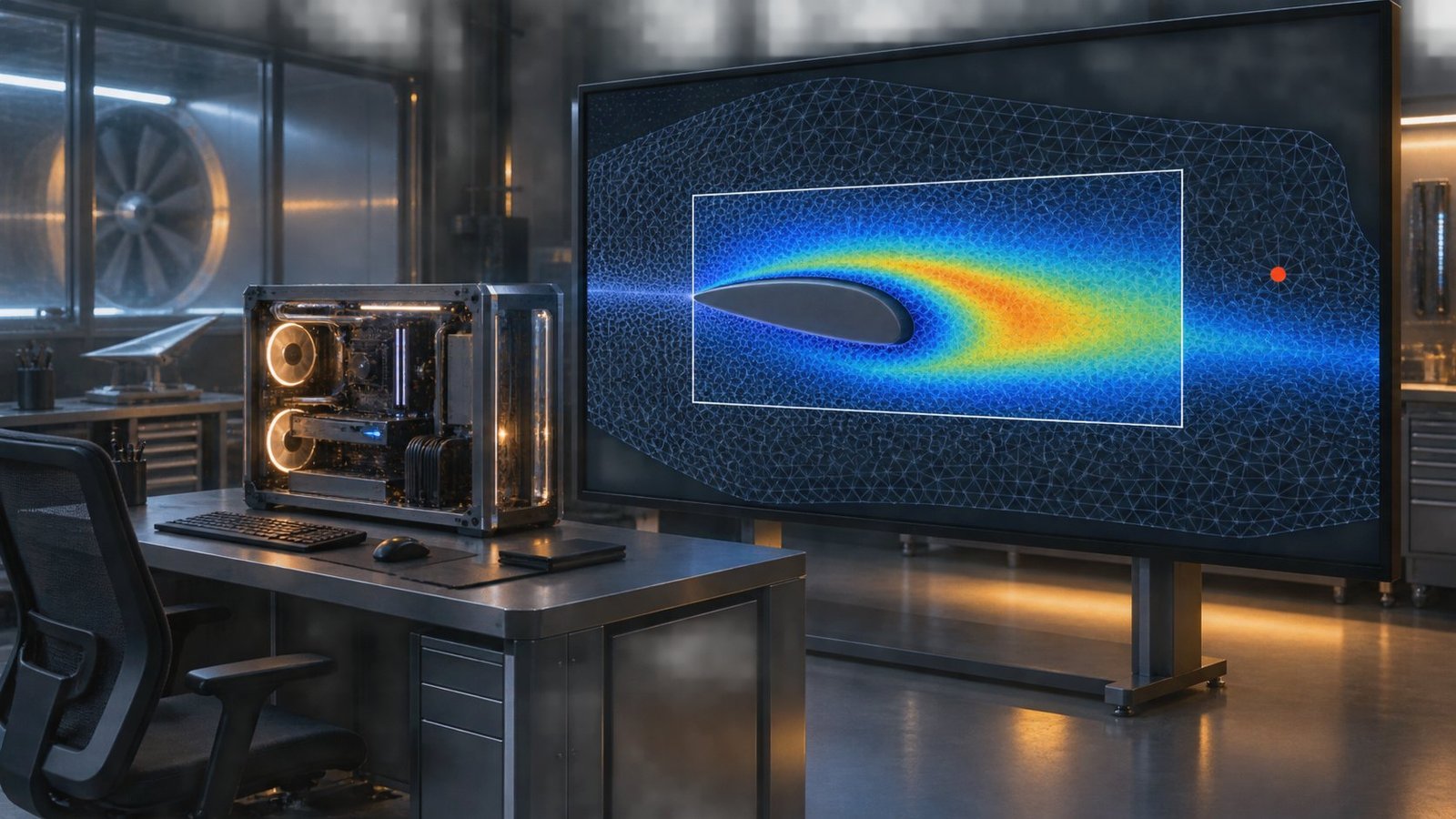 Engineer reviewing a CFD surrogate model trust envelope beside a flow simulation