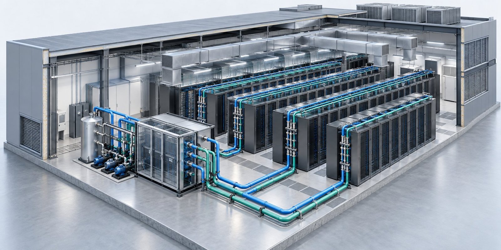 AI data center cooling simulation with air and liquid cooling paths