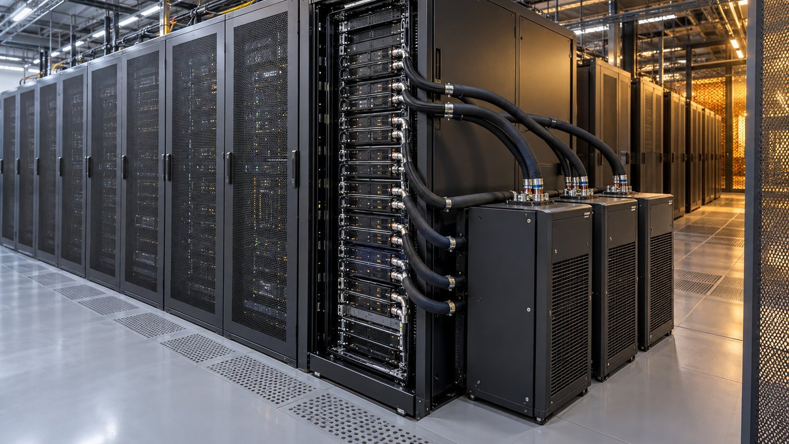 Data center cooling software modeling a liquid-cooled AI rack beside air-cooled cabinets