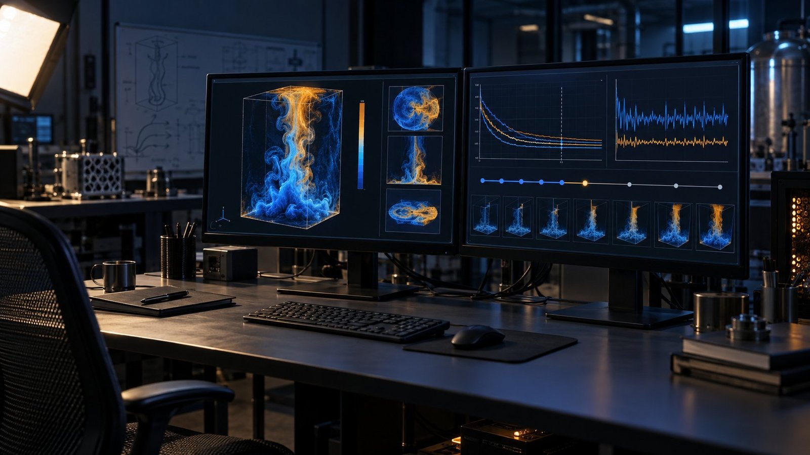 CFD PINN residual monitoring dashboard beside a transient flow simulation