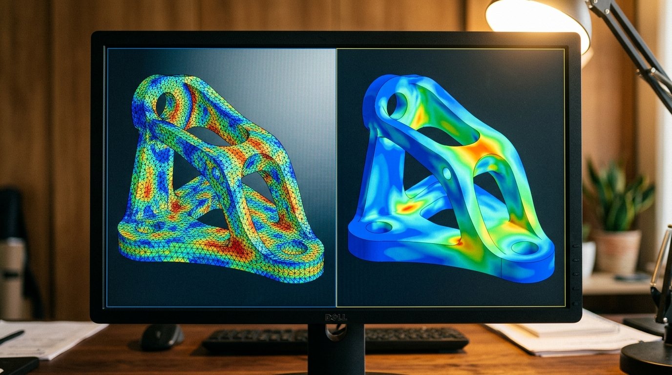 Split-screen comparison of a full COMSOL finite element mesh and a fast comsol ai surrogate model output