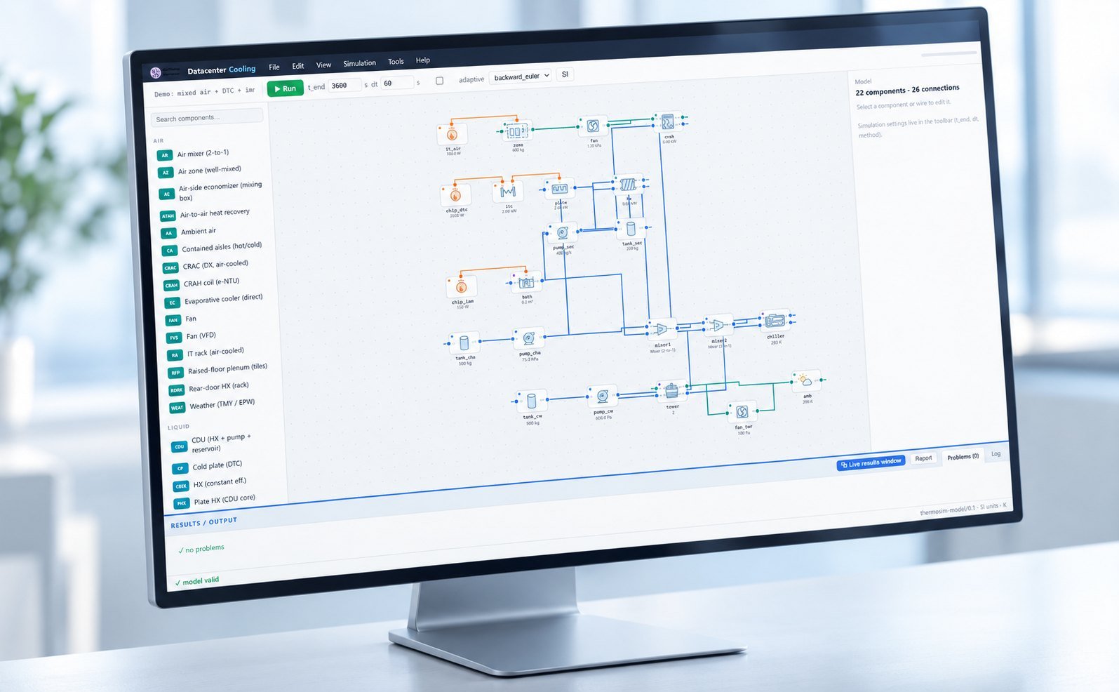 Cooling Model Boundary Datacenter Cooling simulation editor showing connected air and liquid loops