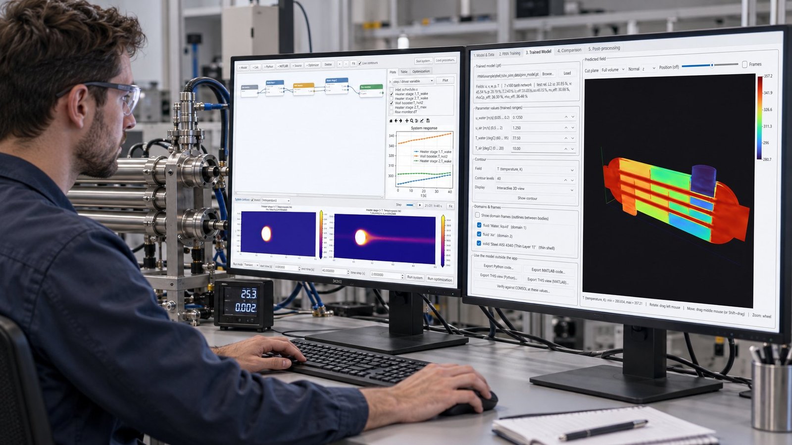 CFD Neural Simulator Screen Physics-informed neural simulator controls with COMSOL temperature contours