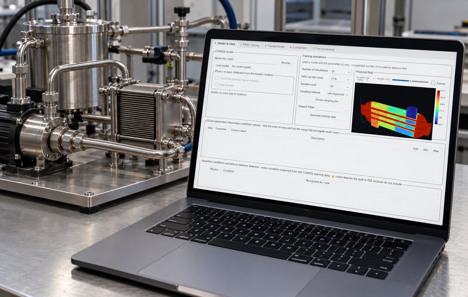 CDU model and test inputs ASHRAE 127 CDU simulation checklist on a Multi Optimization COMSOL model screen