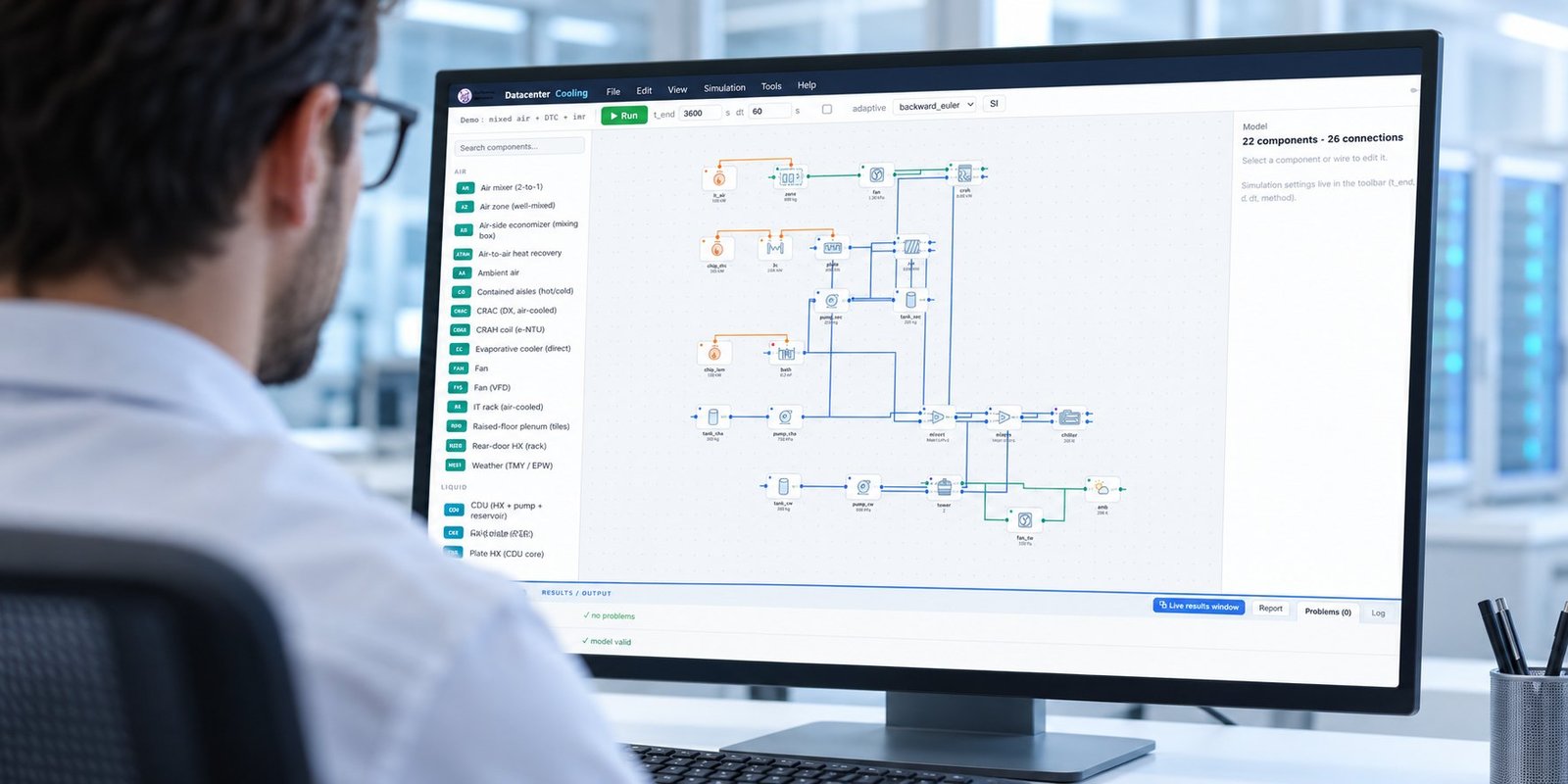 Rack cooling model Datacenter Cooling editor modeling GB300 cooling requirements with air and liquid loops