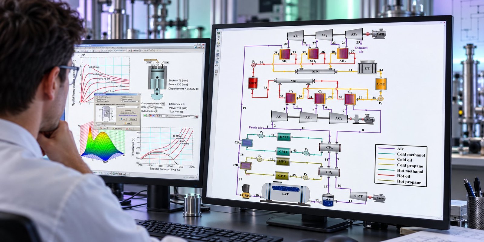 Thermodynamic process-flow model EES optimization methods shown on a thermodynamic process-flow workstation