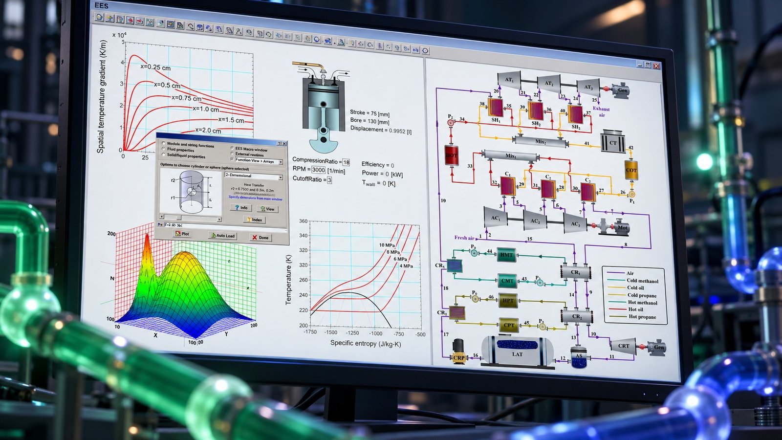 EES model benchmark screen EES optimization benchmark with compressor geometry and thermodynamic plots