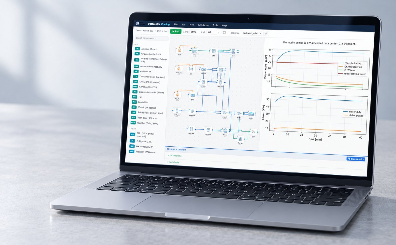 Cooling loop model Node-based datacenter cooling simulation interface with air and liquid loops