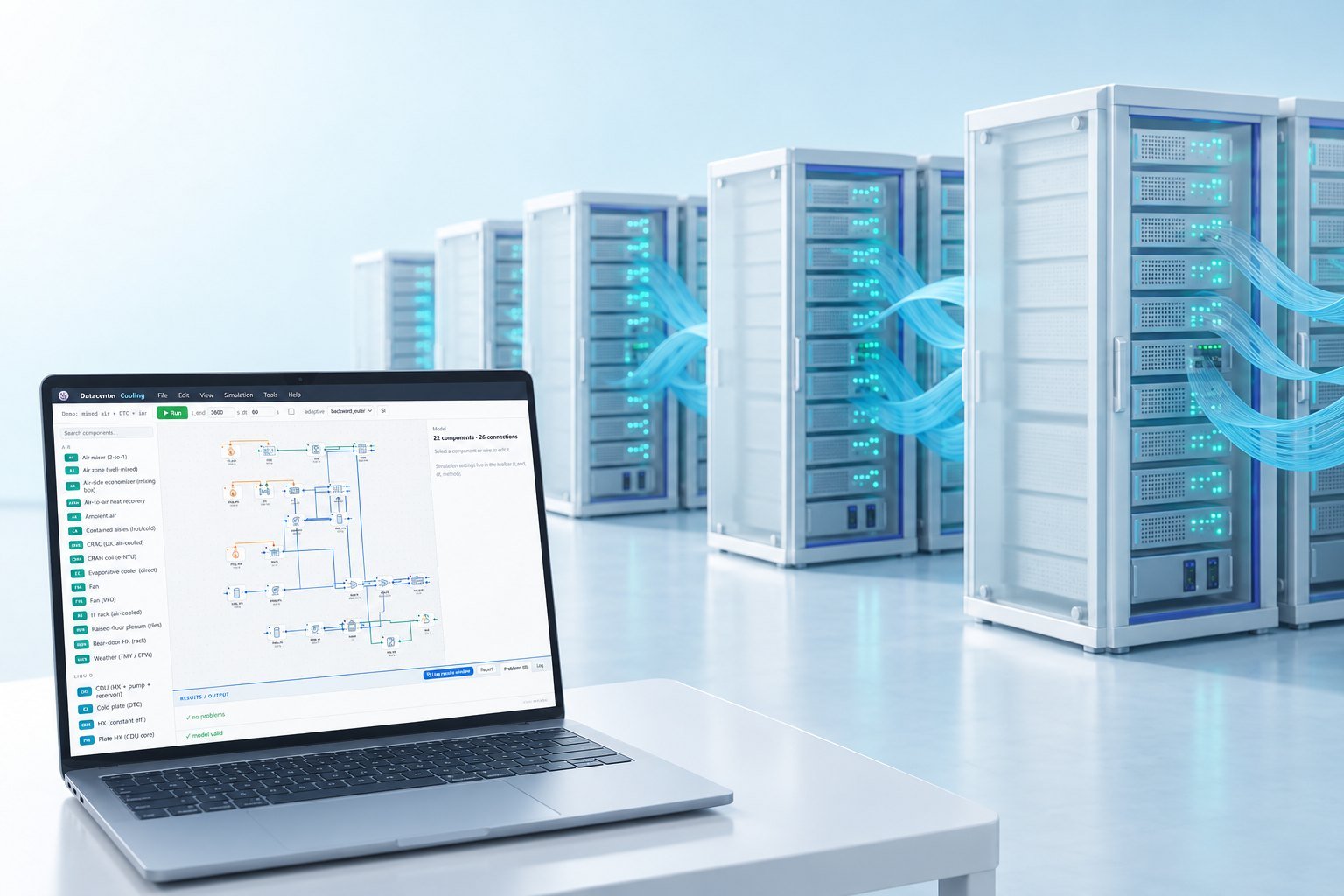 White data center racks with cyan airflow ribbons for data center cooling load calculation