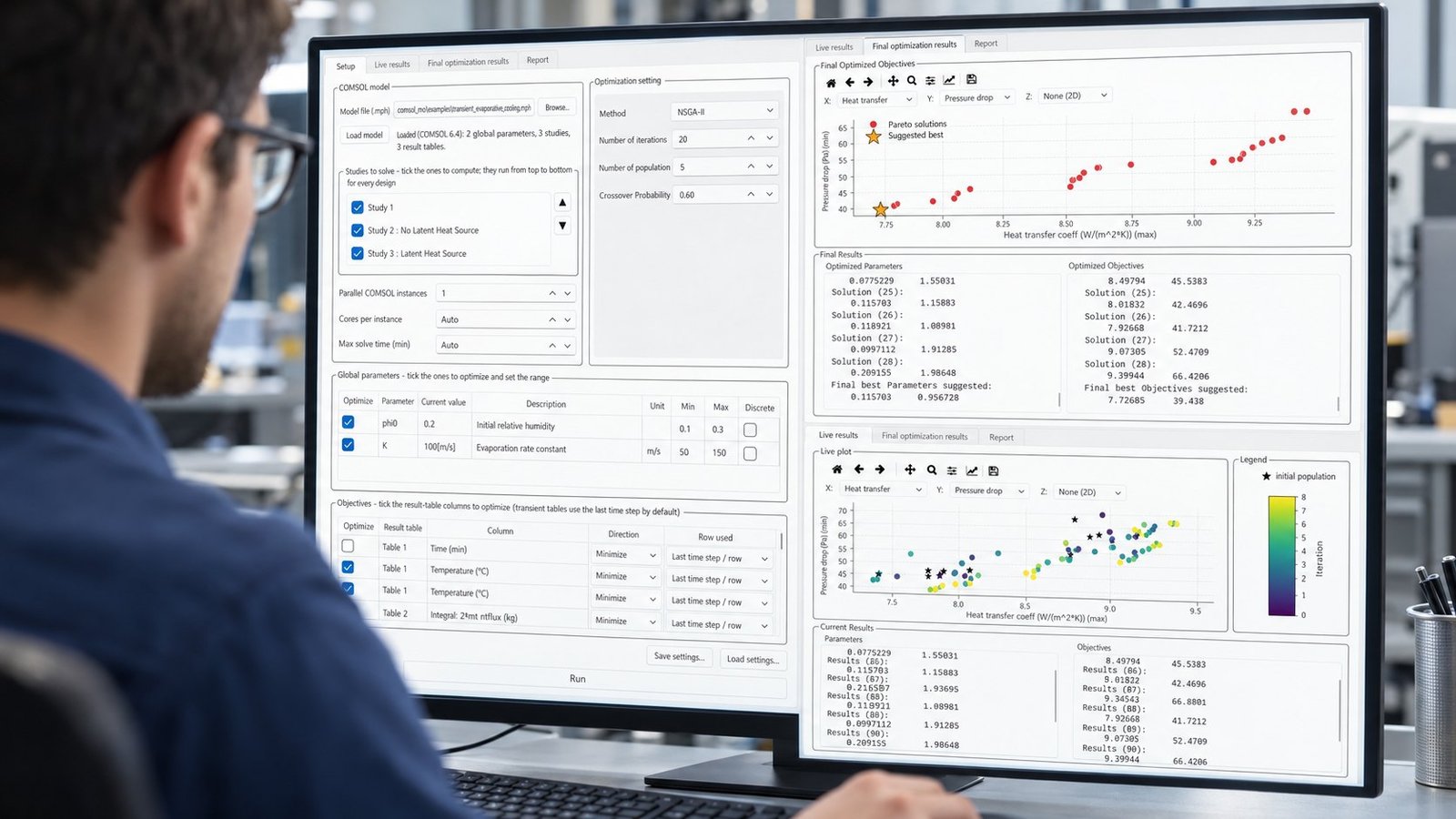Engineer reviewing COMSOL Multiphysics price planning on a Multi Optimization workstation